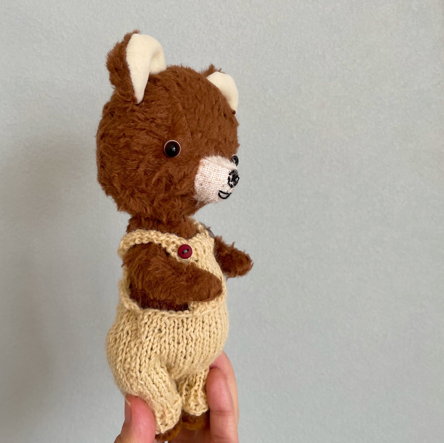 毛糸のサロペットを着た茶色のくまちゃん　Brown Bear in woolen salopettes