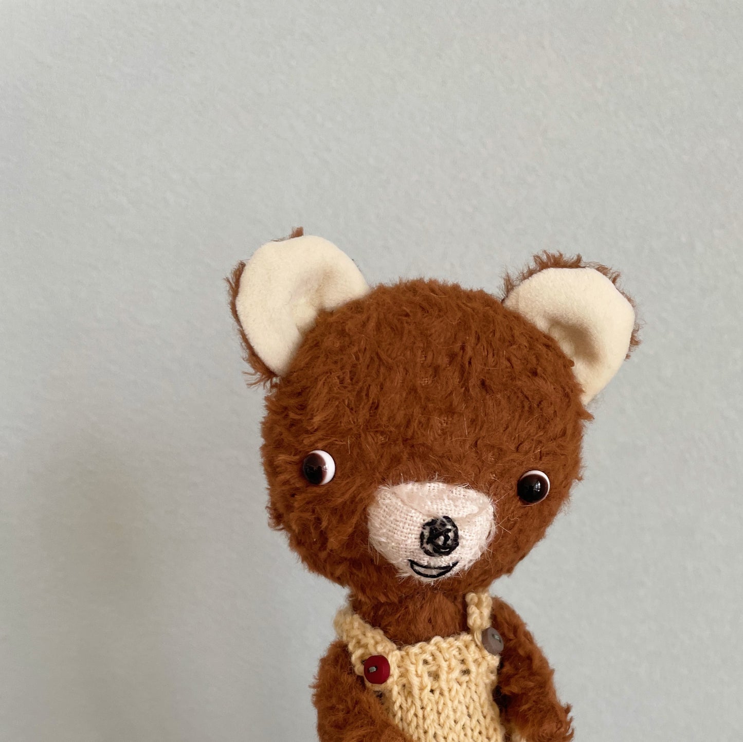 毛糸のサロペットを着た茶色のくまちゃん　Brown Bear in woolen salopettes