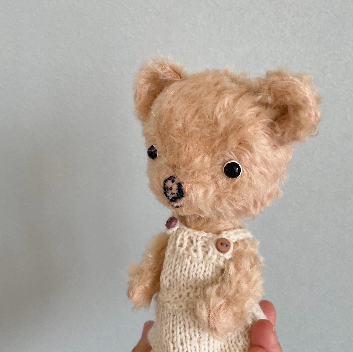 毛糸のサロペットを着たクリーム色のくまちゃん　Cream-colored bear in woolen salopettes